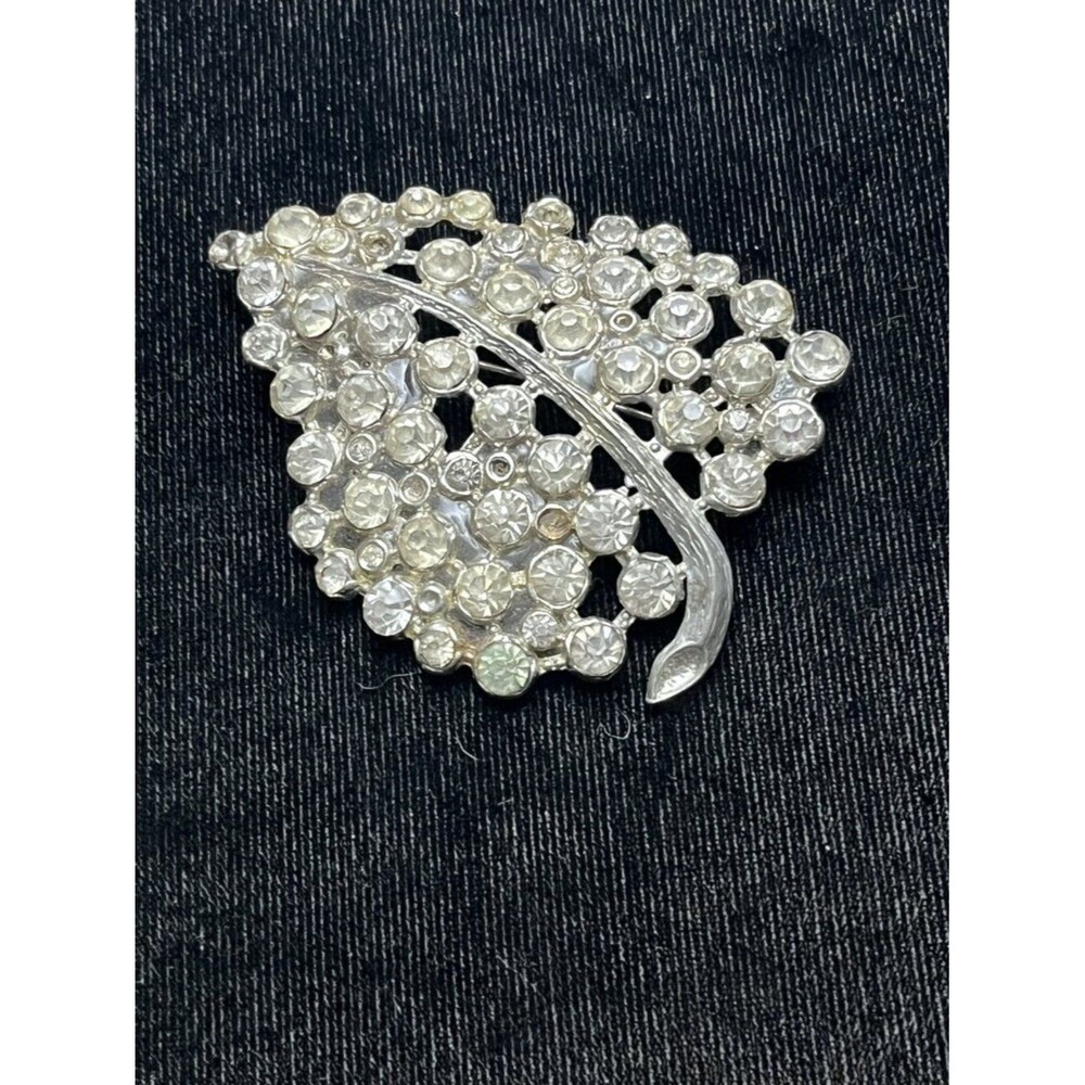 Vintage Rhinestone Leaf Spray Cluster Brooch Pin Silver